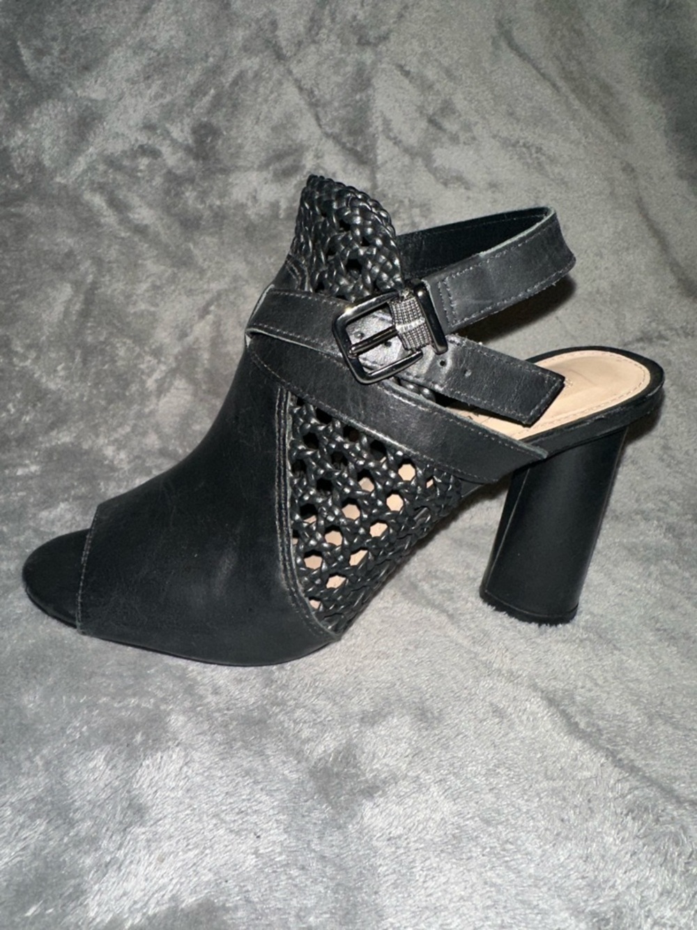 ANTONIO MELANI Black Leather Open-Toe Round Block Heel Sandal Braided Detail